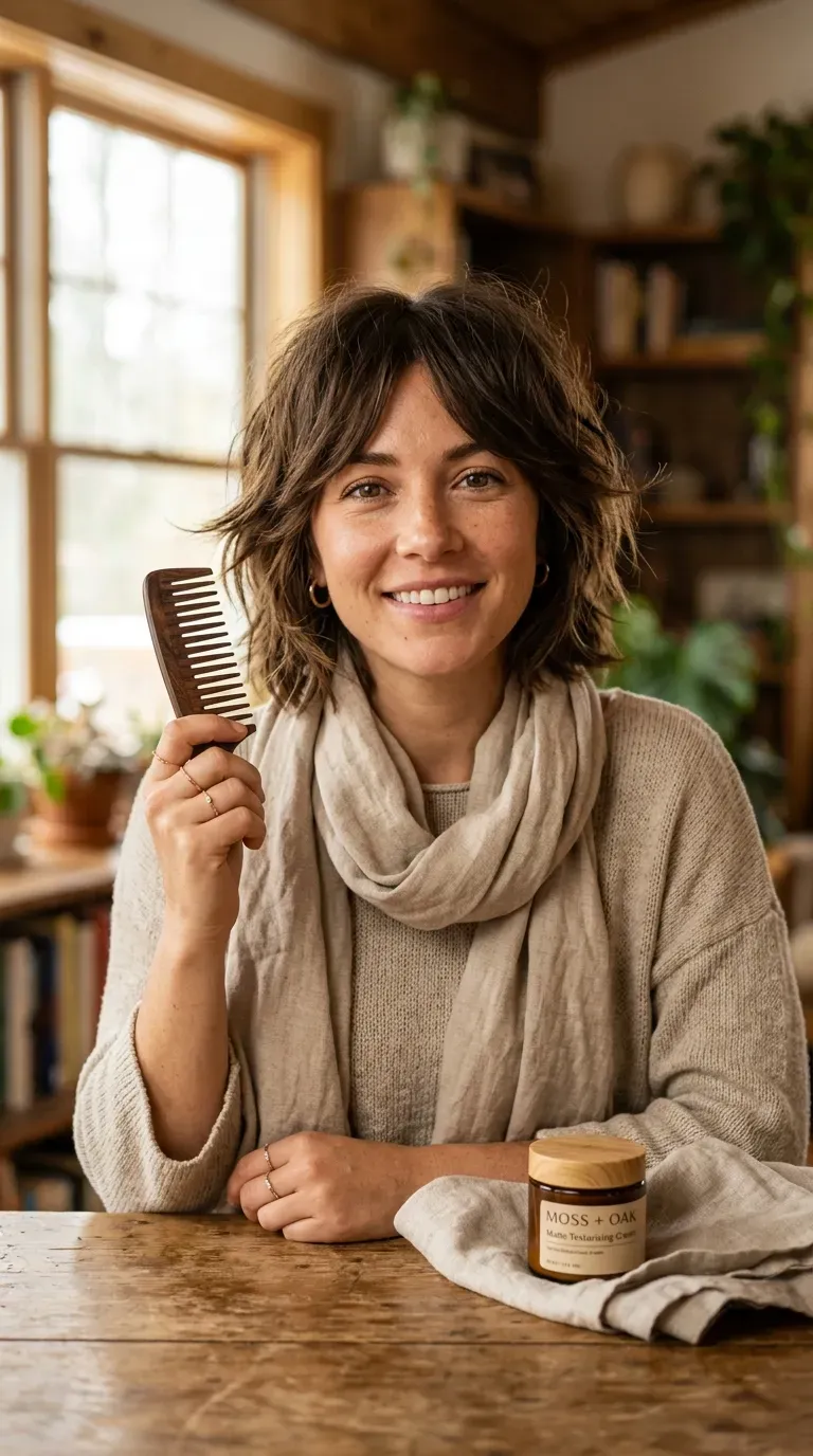 Woman with a classic shaggy bob featuring layered, textured ends