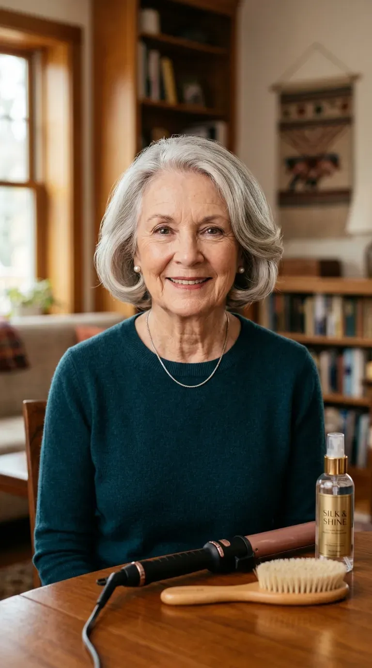 Elderly woman with a classic short bob styled with soft, gentle curls