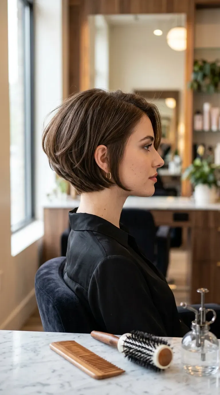 Woman with a classic chin-length stacked bob showing rounded volume at the back