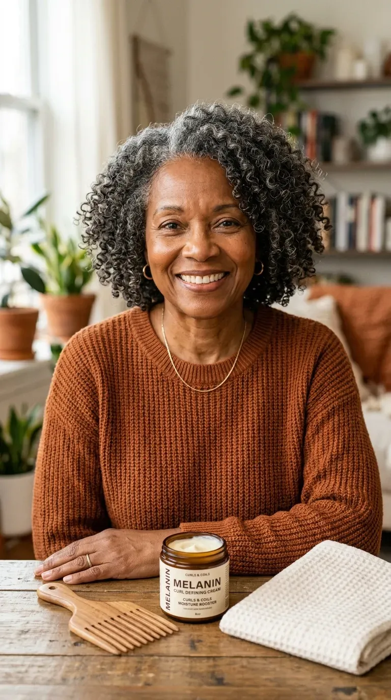 Older Black woman with soft, defined wash-and-go curls styled naturally