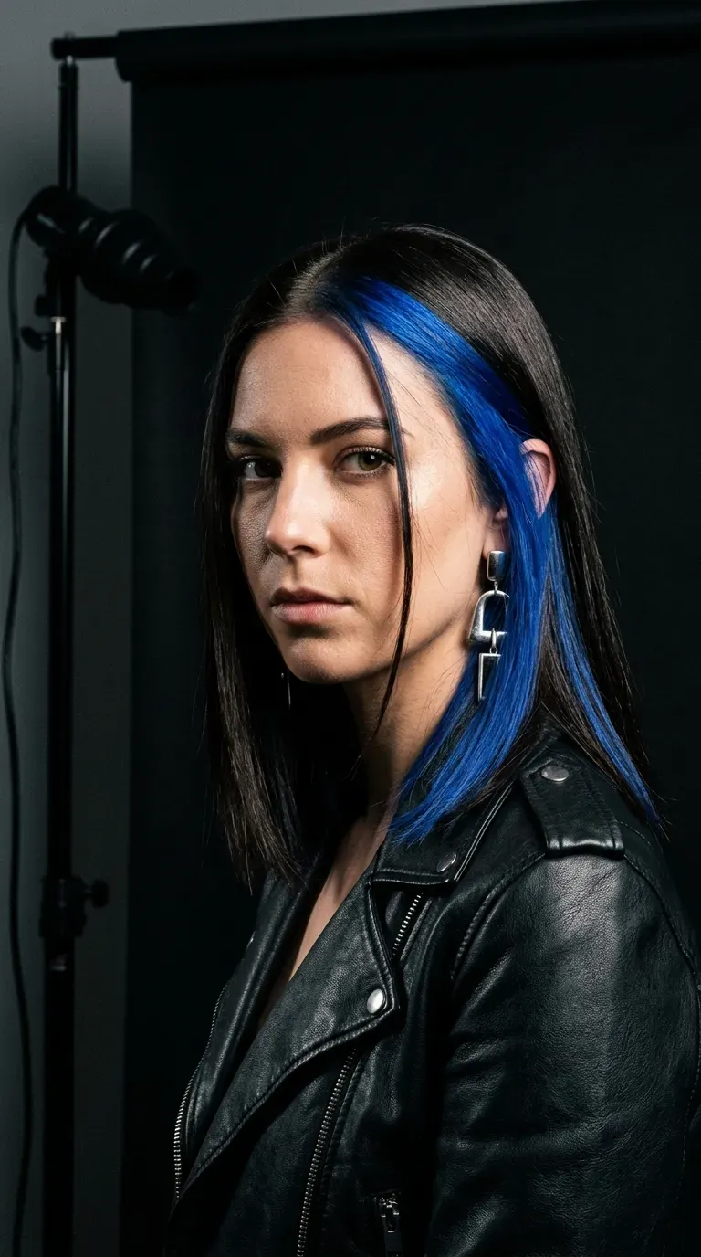 Editorial photo of woman with dark brunette hair and bold cobalt blue statement chunk