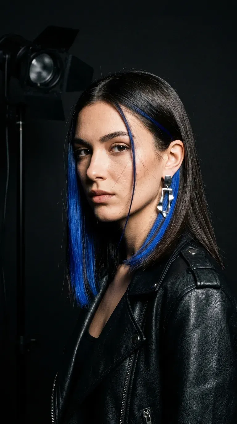 Editorial photo of woman with dark brunette hair and bold cobalt blue statement chunk