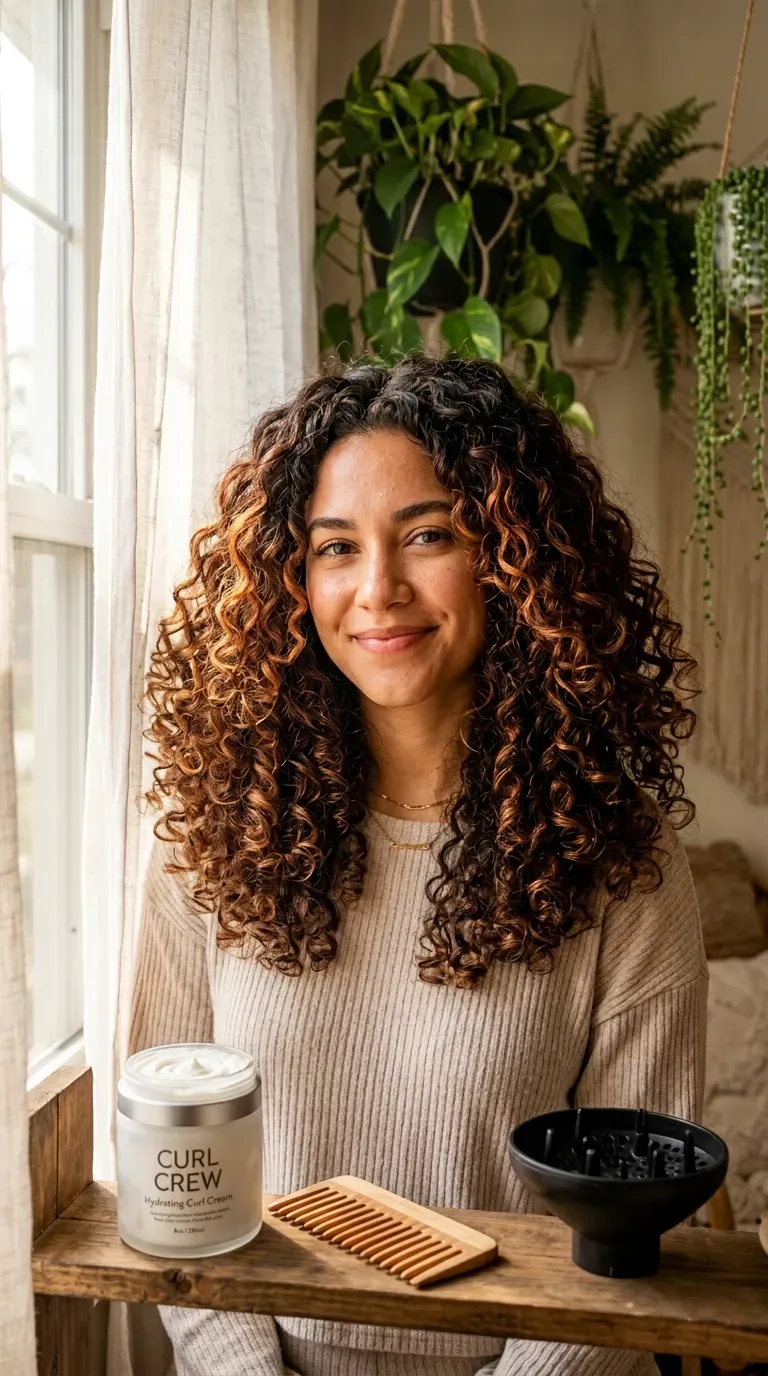 Woman with defined curly brunette hair featuring copper balayage highlights woven through the curls