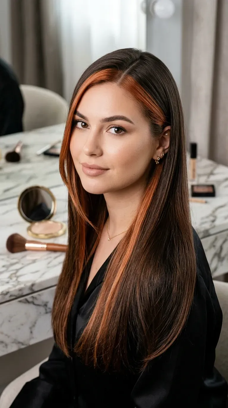 Woman with a round face shape wearing vertical copper balayage placement to elongate her features