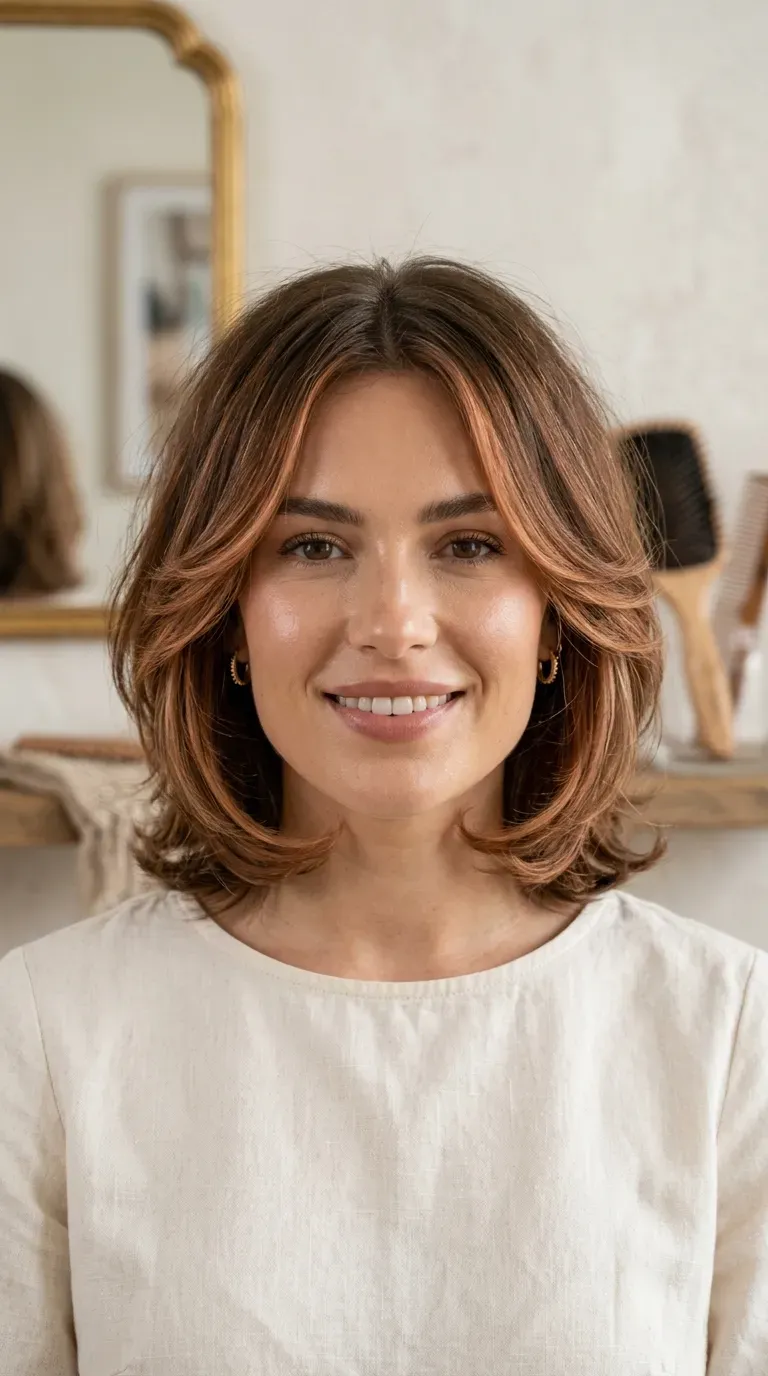 Woman with a square face shape wearing soft copper face-framing balayage to soften her jawline