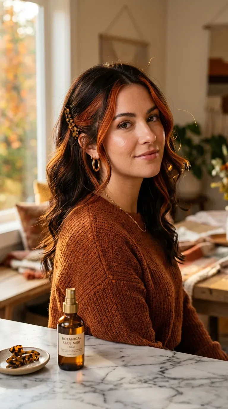 Woman with copper face-framing balayage streaks against dark brunette hair in natural light