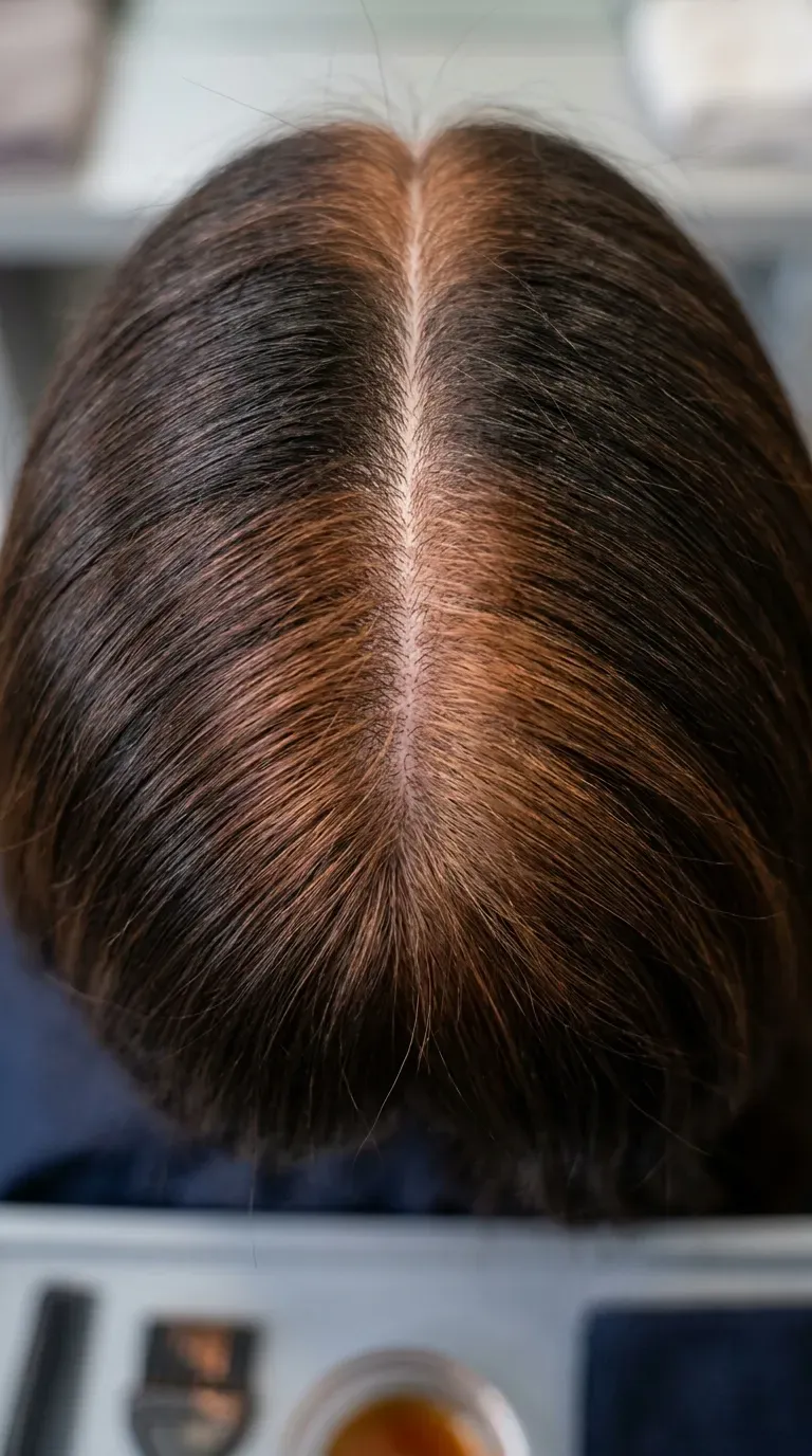 Close-up of soft copper root smudge blending seamlessly into dark brunette roots