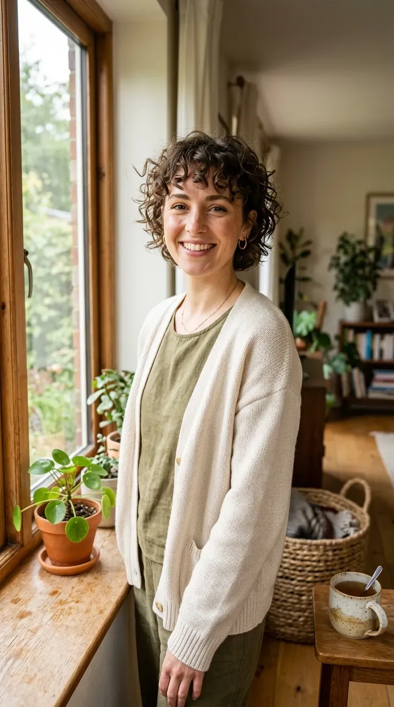 Woman with thin fine curly hair wearing a curly crop with curly bangs framing the forehead