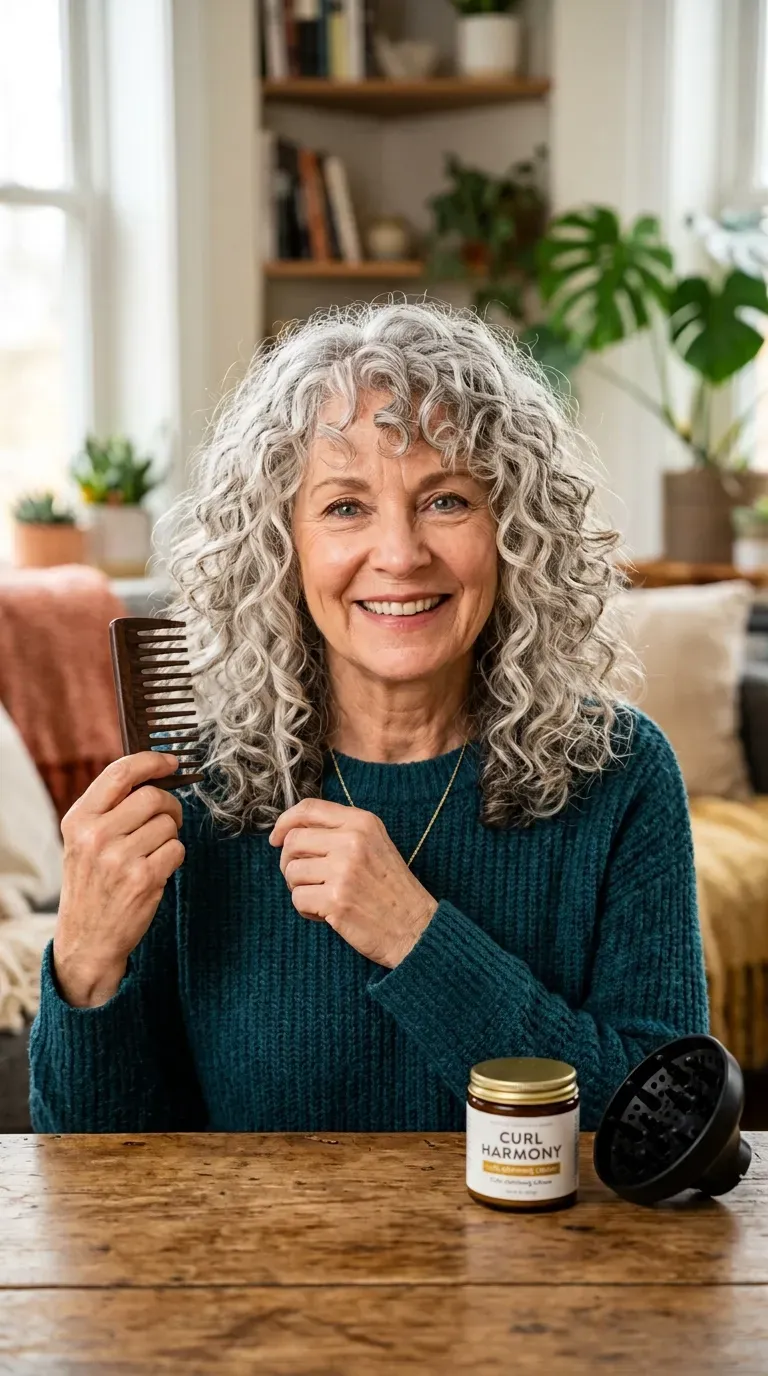 Woman over 60 with naturally curly hair styled with bangs cut to follow the curl pattern