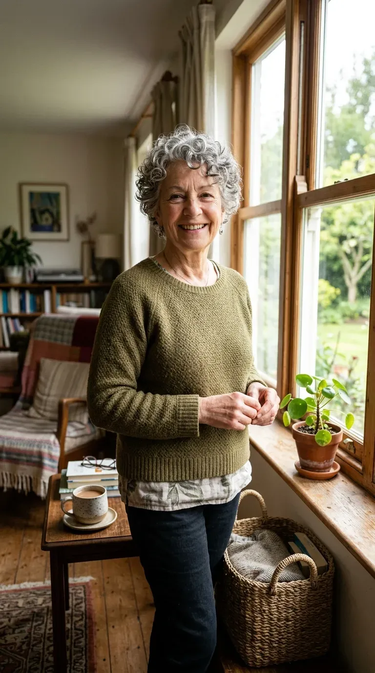 Woman over 60 with curly gray pixie cut showing natural curl pattern and volume