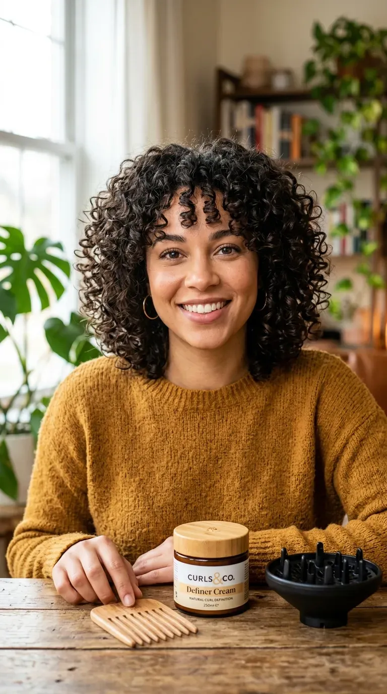 Woman with a shaggy bob styled to define naturally curly hair
