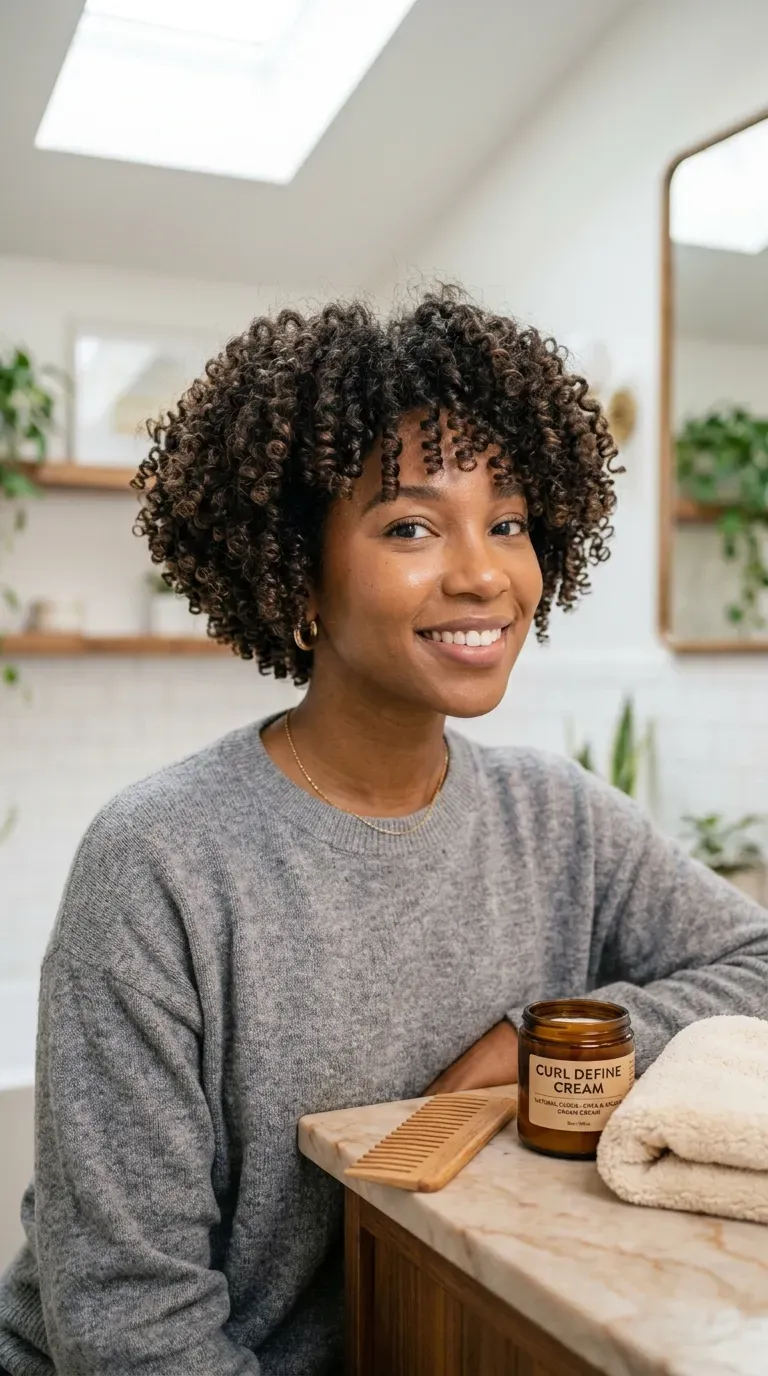 Woman with a curly stacked bob showing defined spiral curls and rounded volume