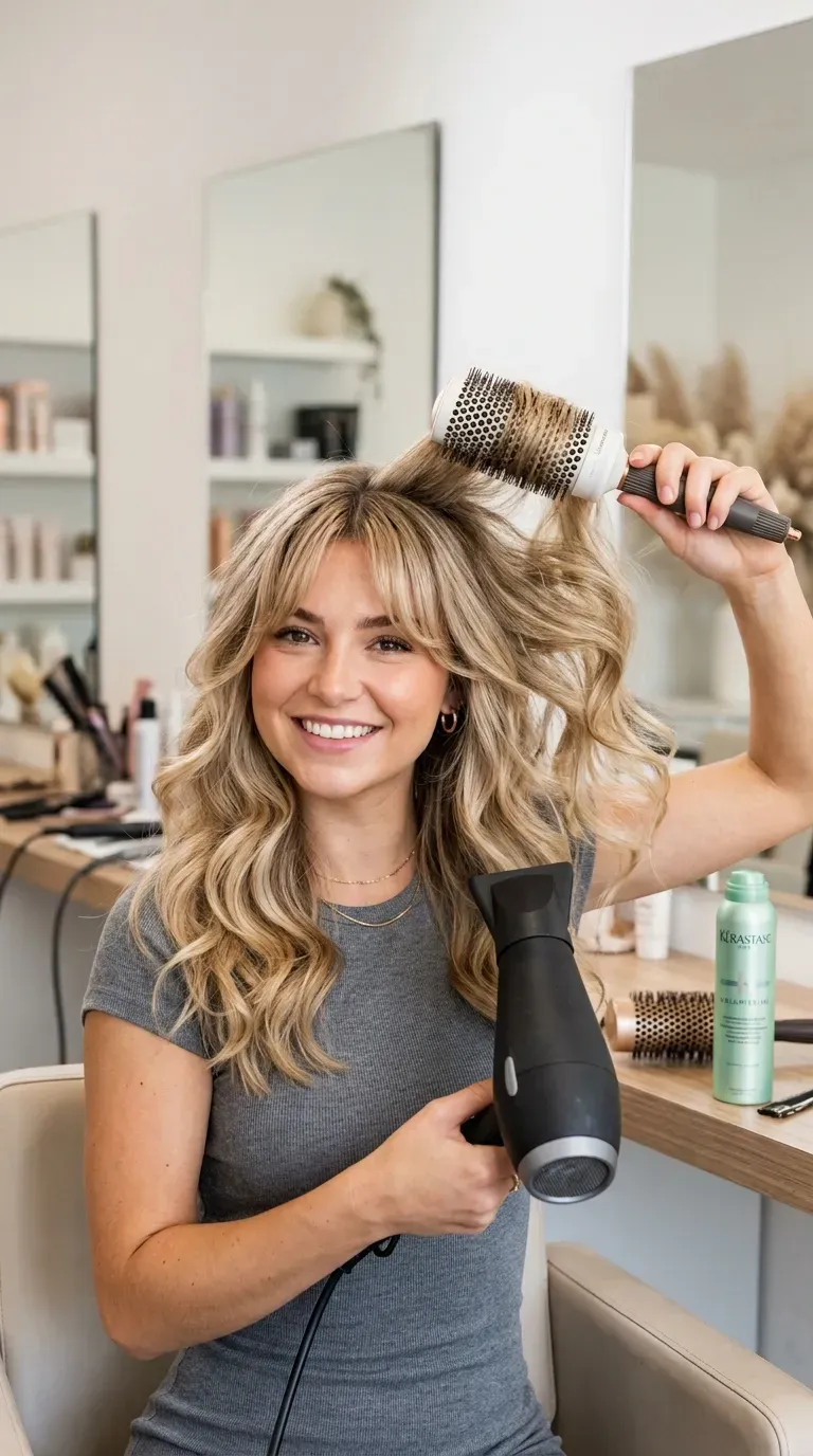 Woman with thin fine hair showing curtain bangs and voluminous blowout waves for a party