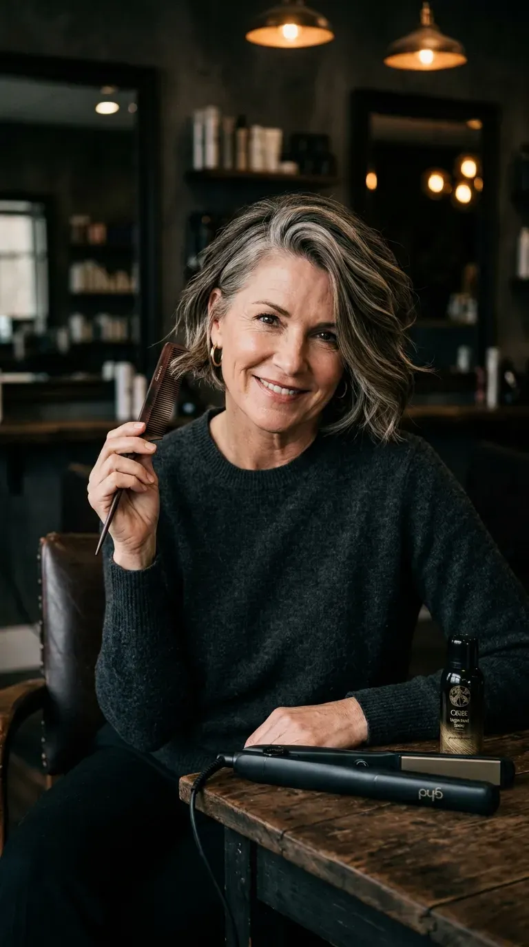 Woman over 50 with a bob styled with a deep, dramatic side part