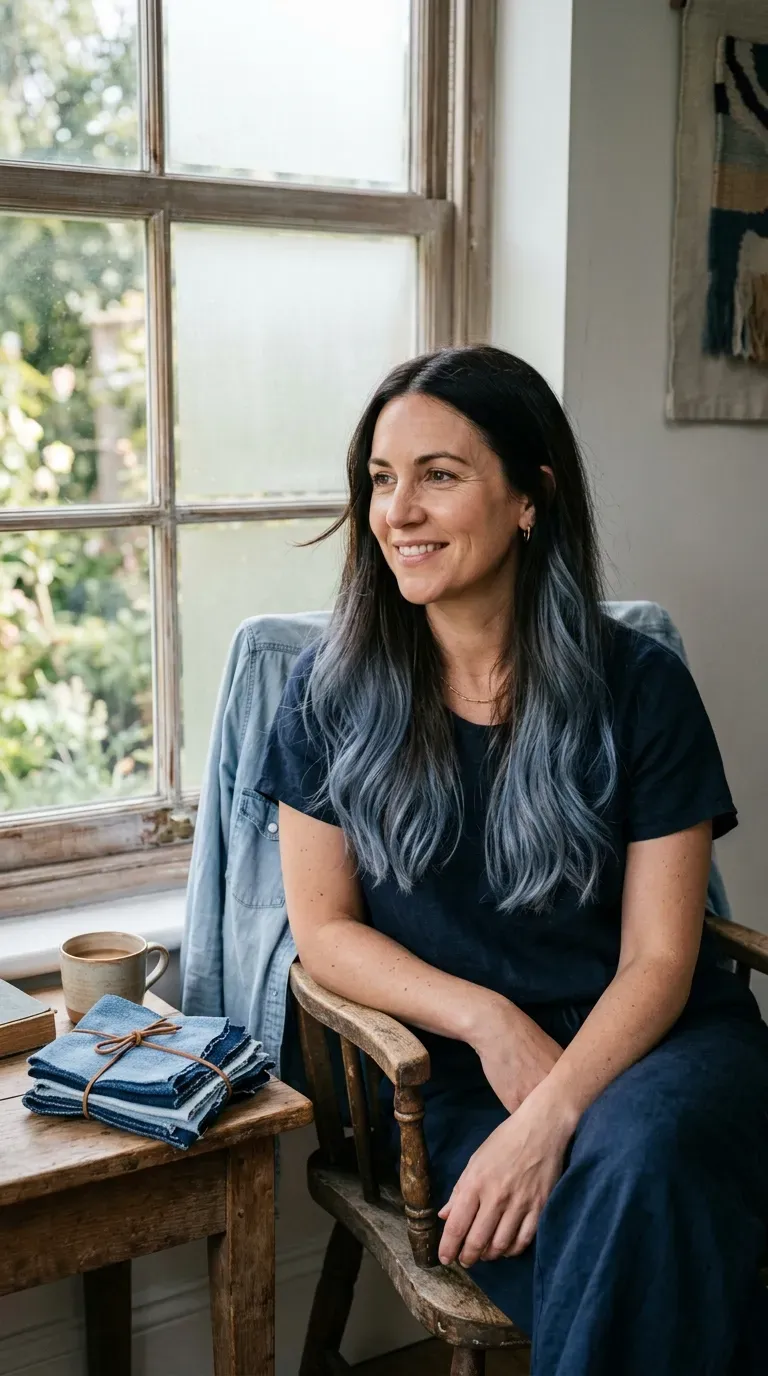 Woman with long brunette hair and soft denim blue balayage melt through the lengths