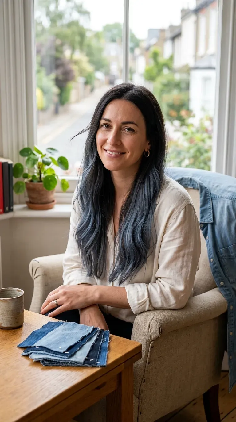 Woman with long brunette hair and soft denim blue balayage melt through the lengths