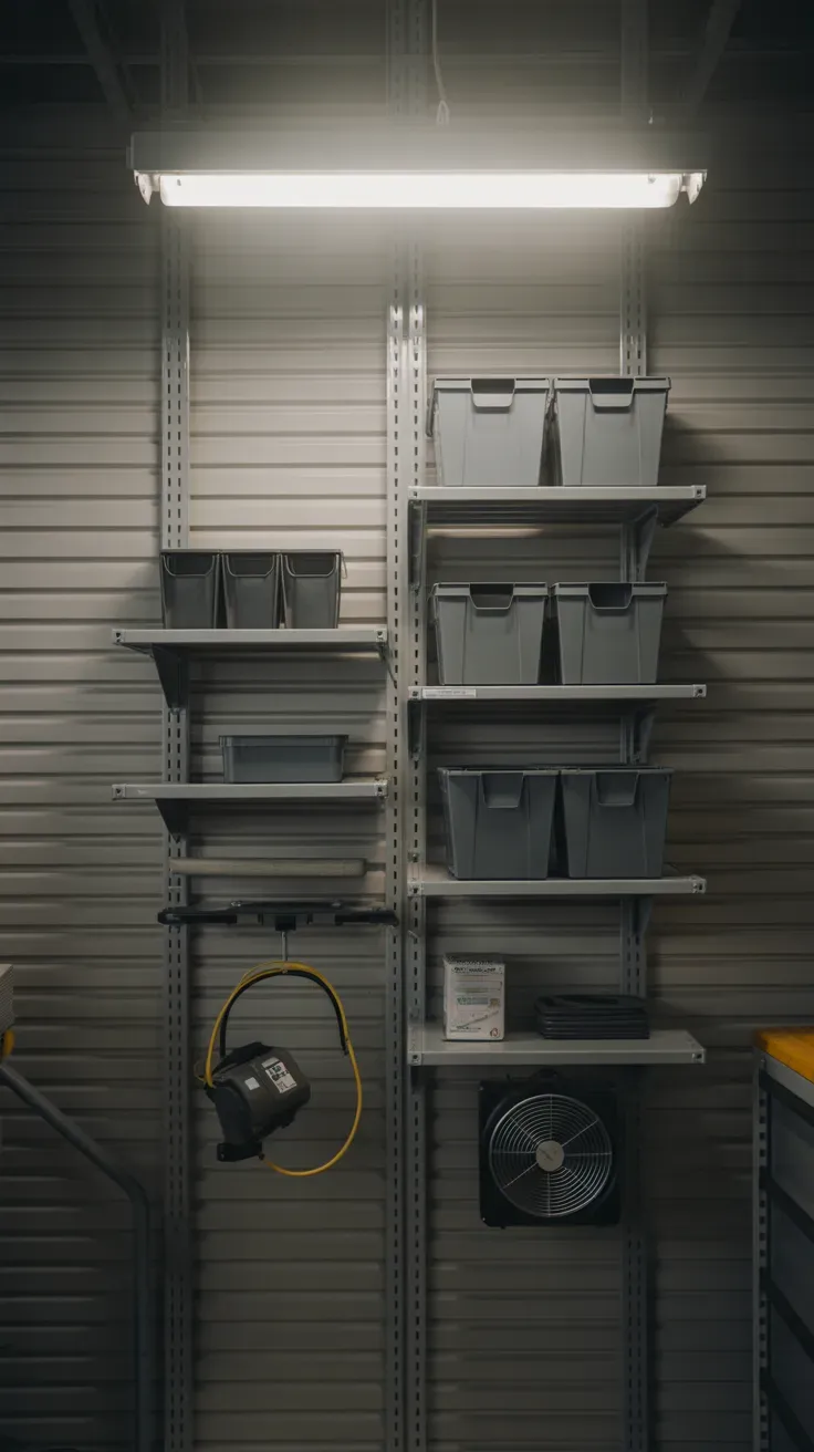 Adjustable track shelving system with movable brackets in garage