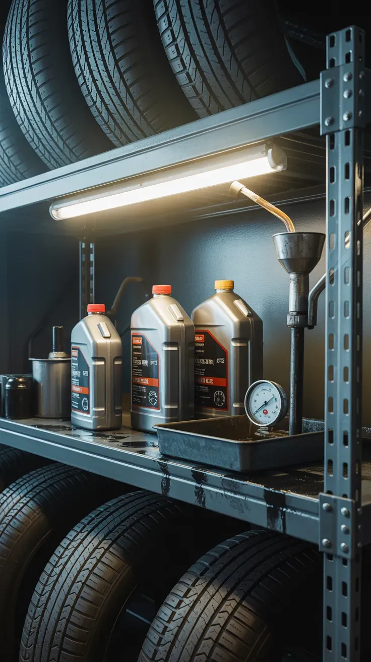 Reinforced garage shelf storing automotive fluids and stacked tires