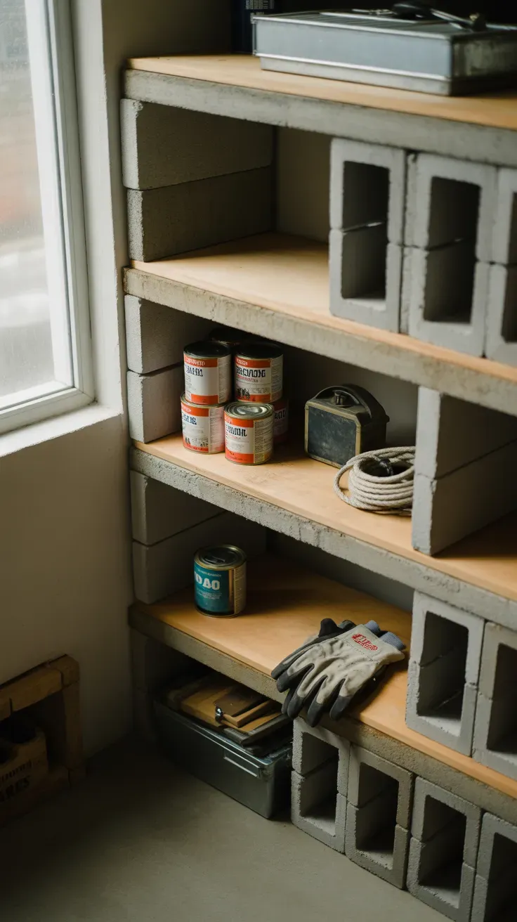 Budget cinder block and wood board shelving stacked in garage