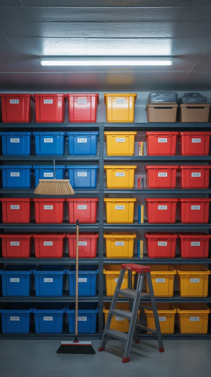 Color-coded storage bin shelving wall organizing garage items by category