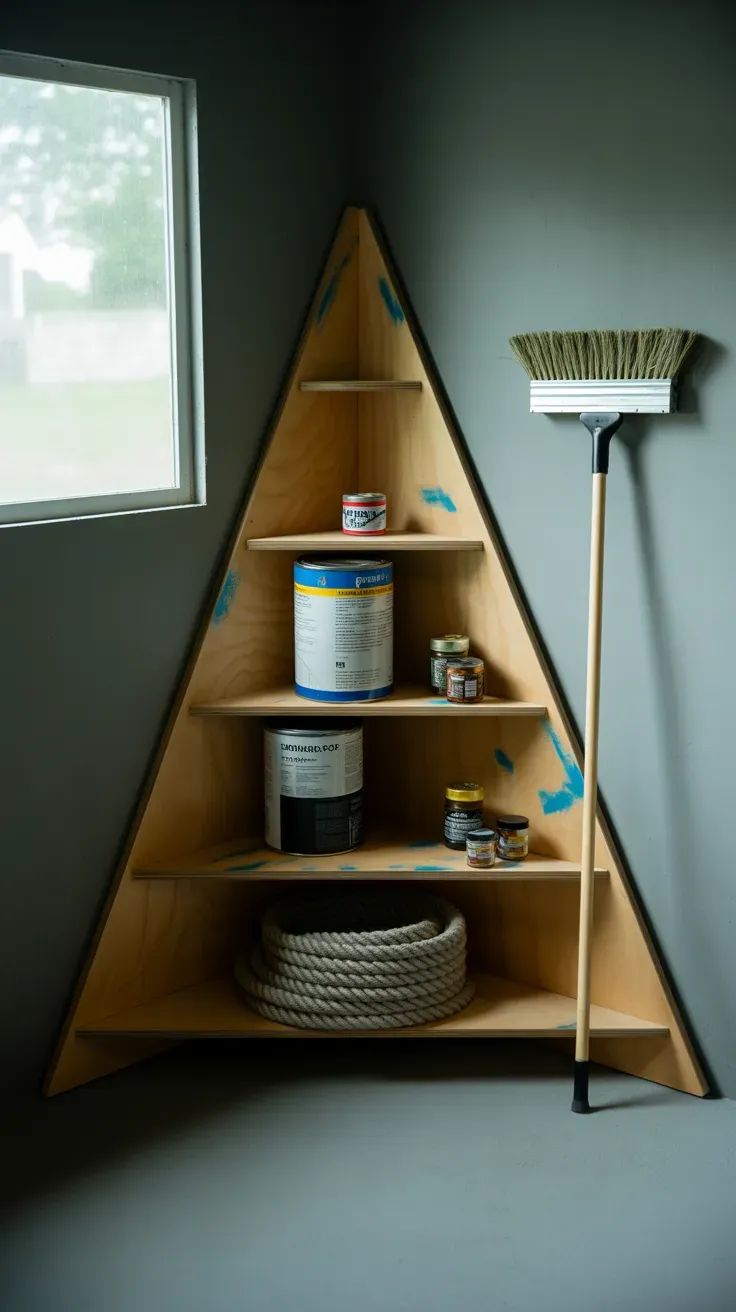 Triangular corner shelving unit in garage maximizing unused wall space
