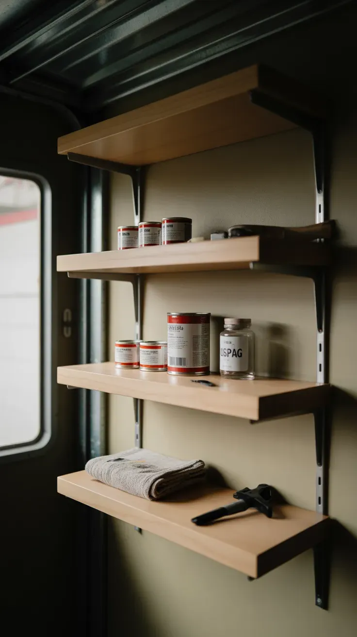 Floating wood shelf ledges mounted on garage wall for light storage