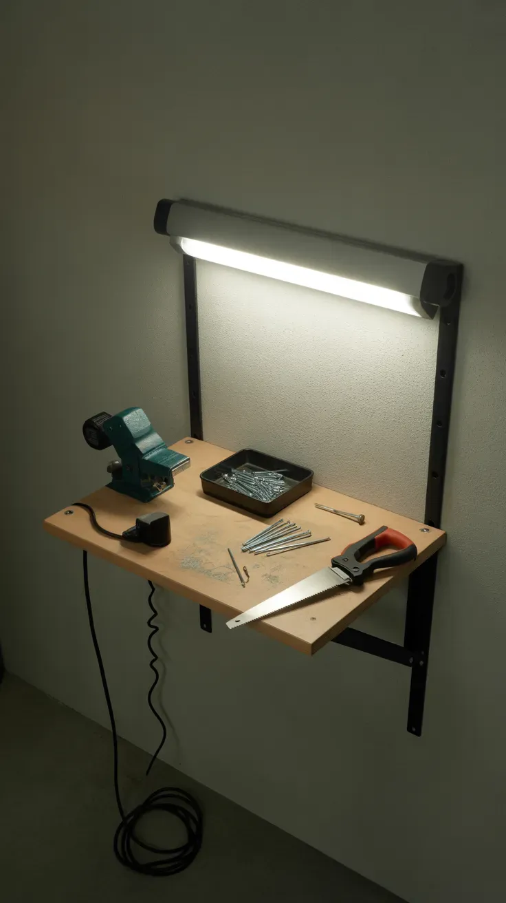 Fold-down workbench shelf attached to garage wall for small spaces