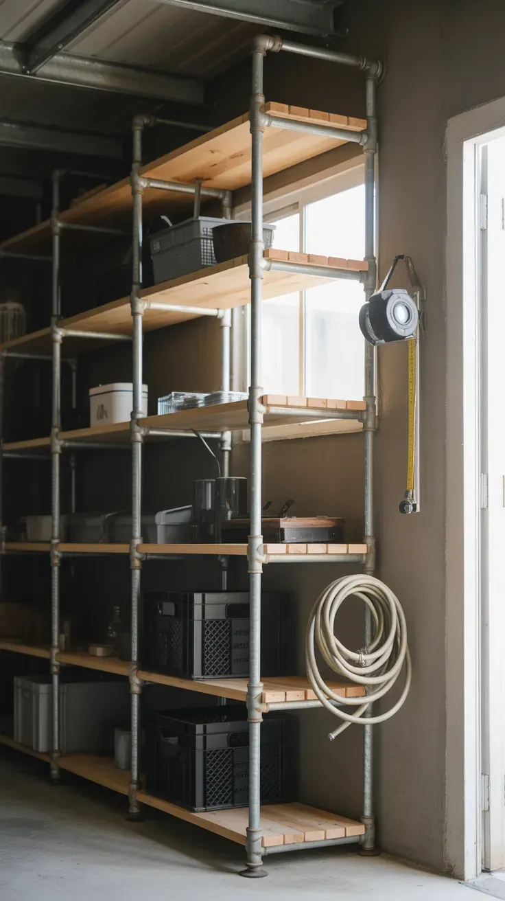 Industrial galvanized pipe shelving unit holding storage bins in garage