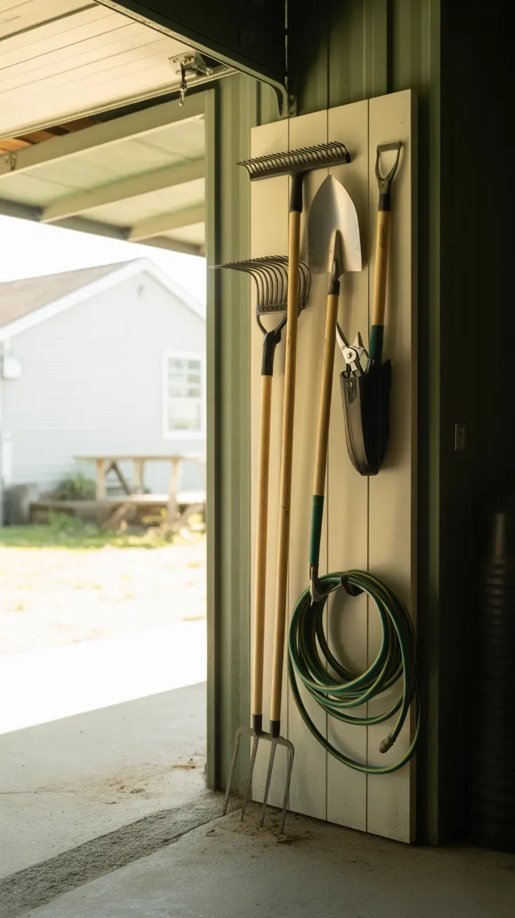Vertical panel storing garden tools like rakes and shovels in garage