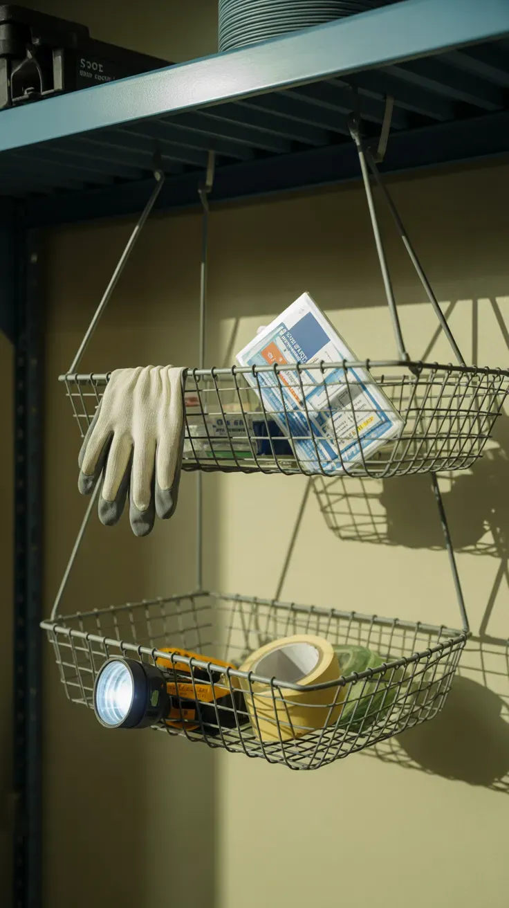 Hanging wire baskets suspended under garage shelf for overflow storage