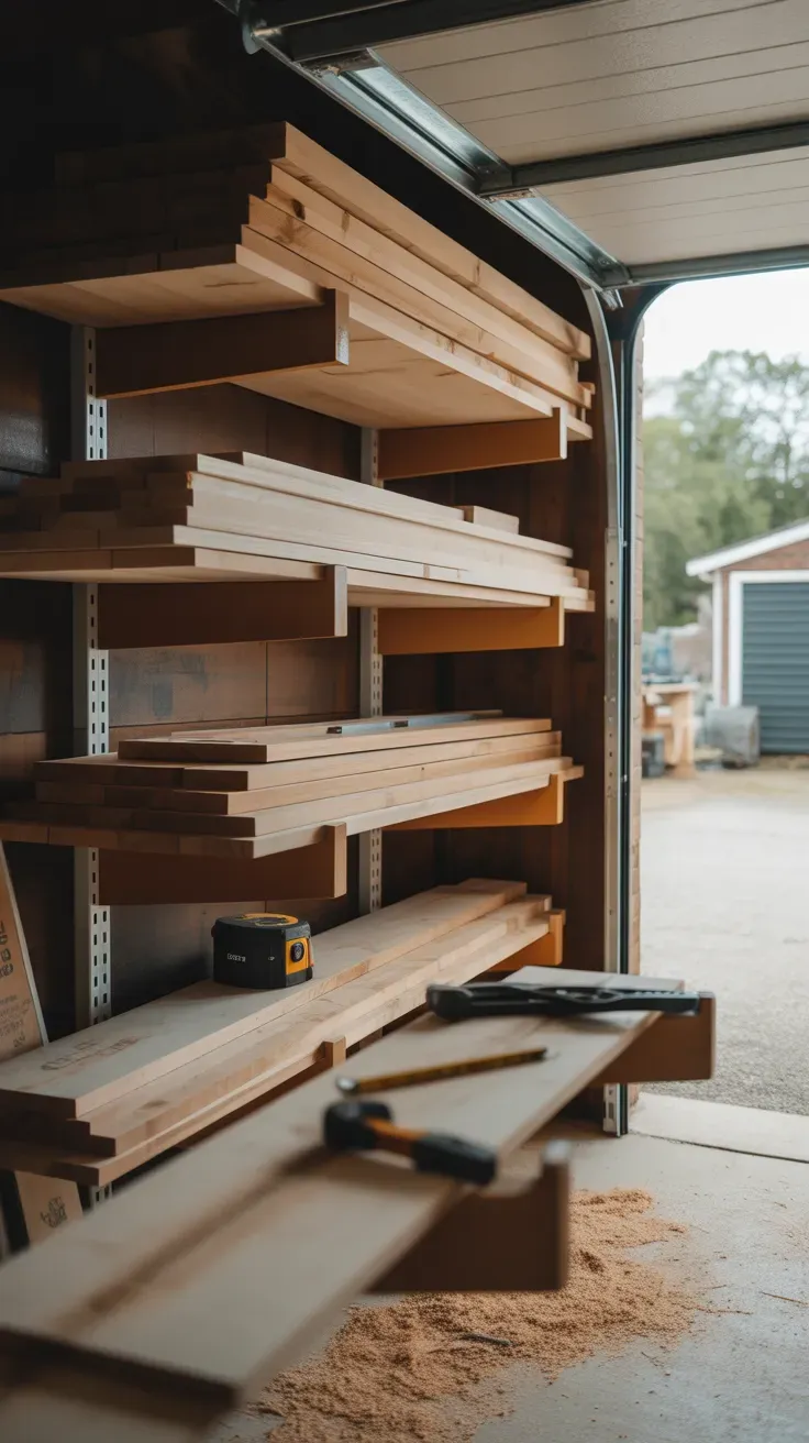 Ladder-style horizontal lumber storage rack mounted on garage wall