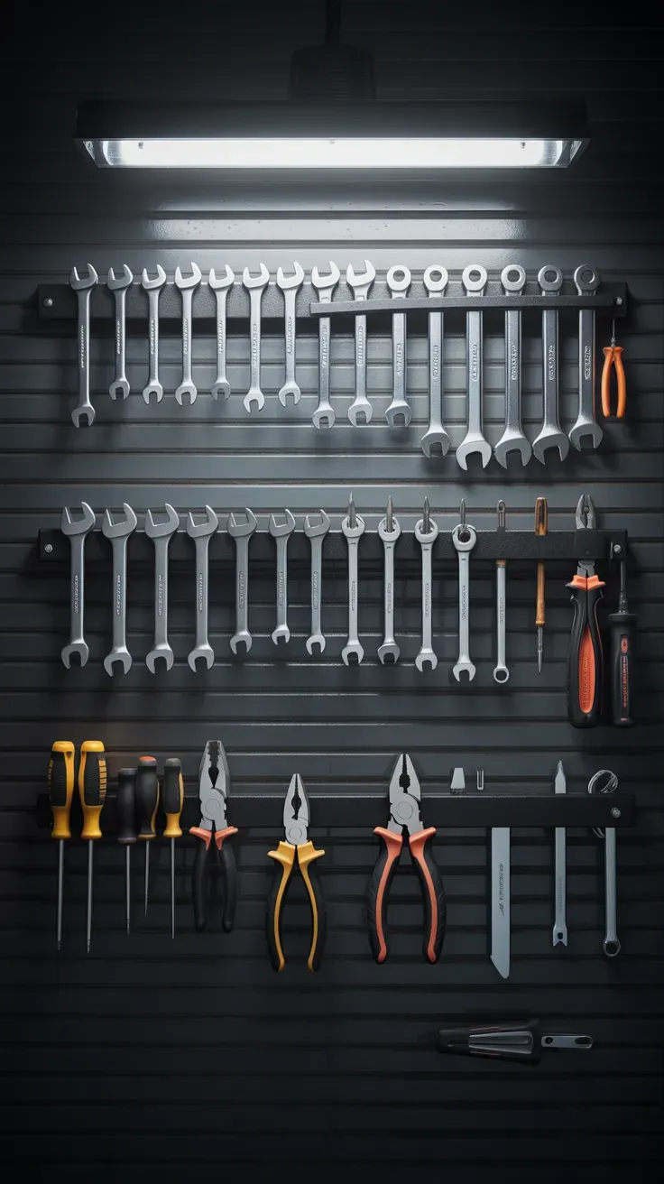 Magnetic tool strip wall holding wrenches and screwdrivers in garage
