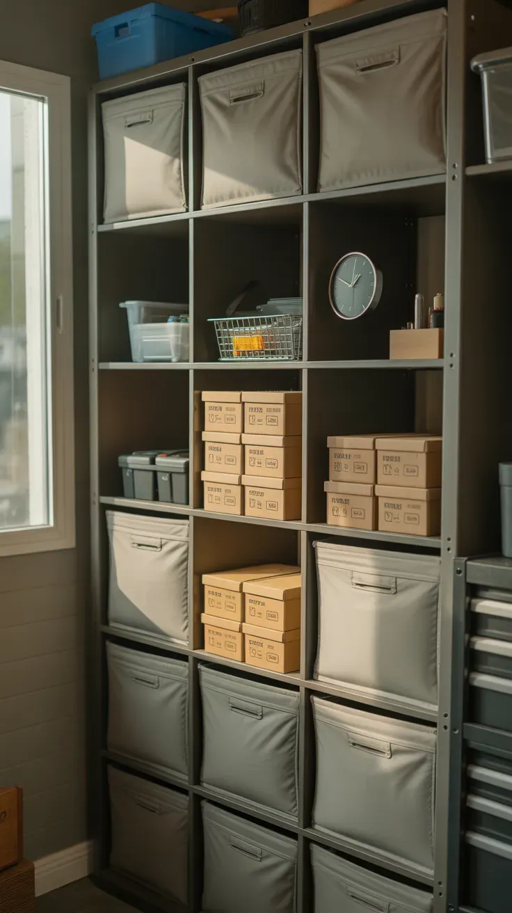 Modular cube storage wall unit organizing bins and boxes in garage