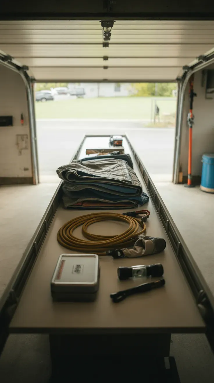 Compact shelf mounted above the garage door for small space storage