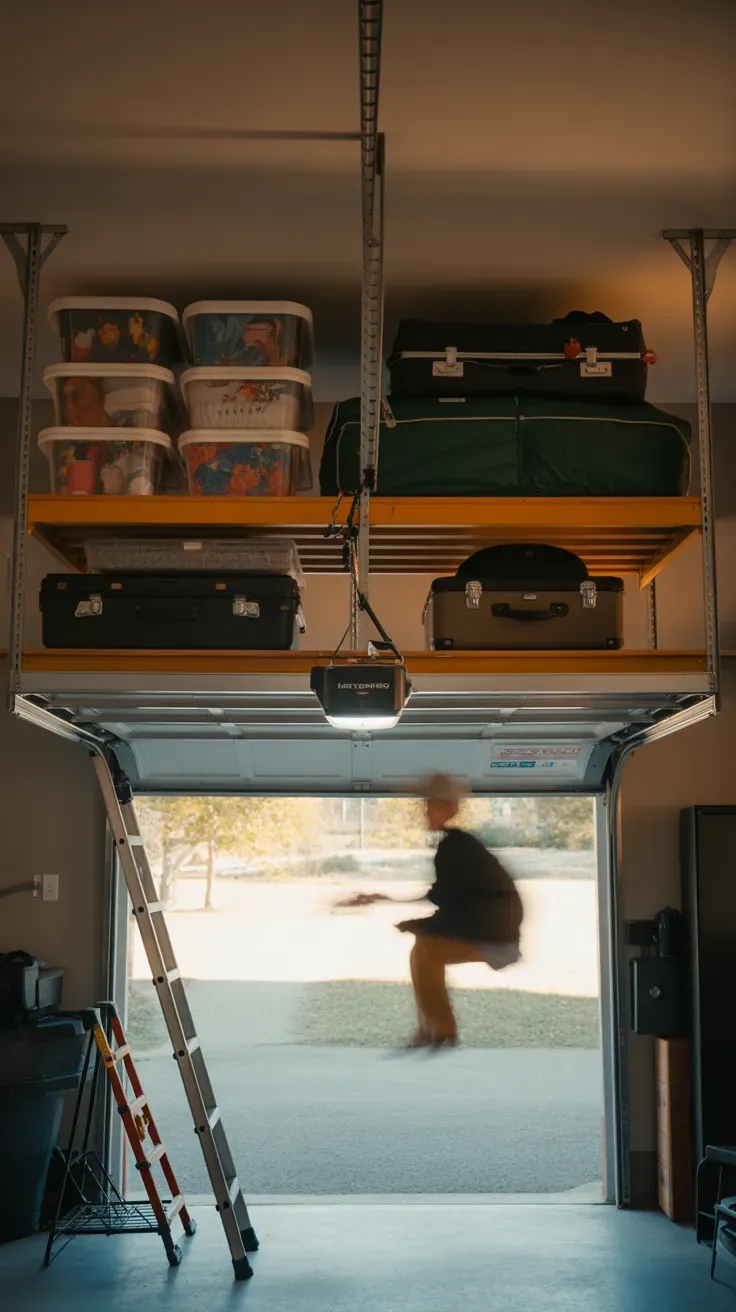 Overhead ceiling storage rack in garage holding seasonal bins and luggage