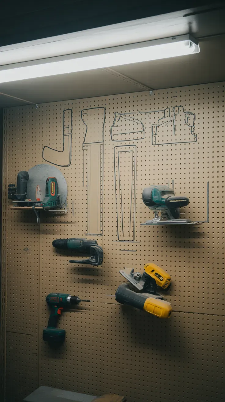 Pegboard wall organizing power tools with outlined tool silhouettes