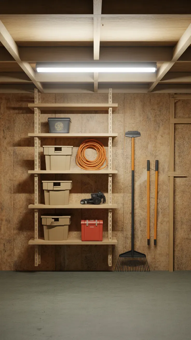 DIY garage shelving with plywood ladder shelf mounted against gray wall
