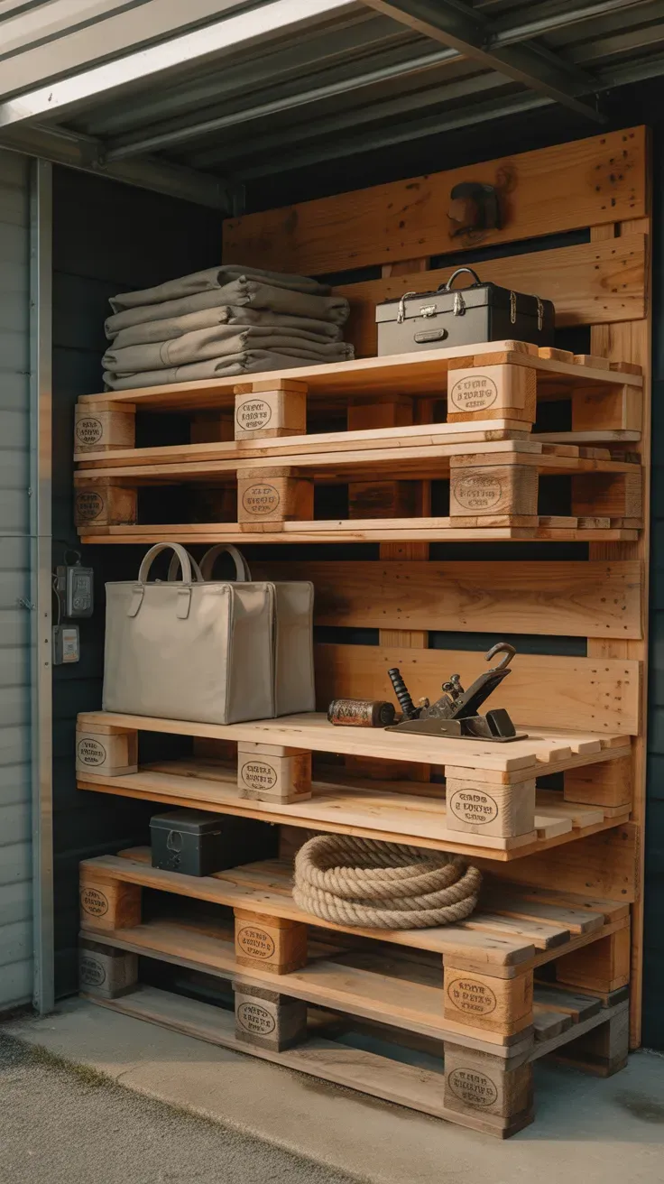 Rustic recycled pallet wood shelving mounted on garage wall