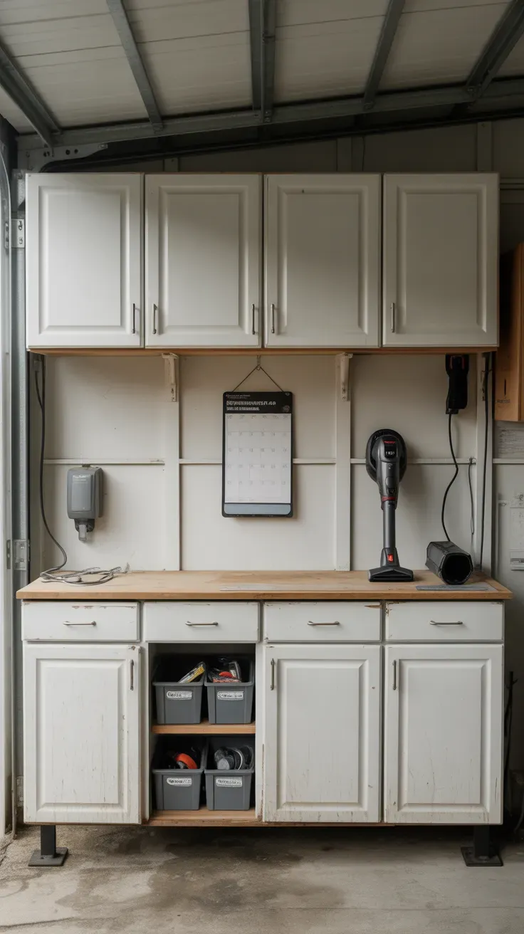 Repurposed kitchen cabinets mounted on garage wall for enclosed storage