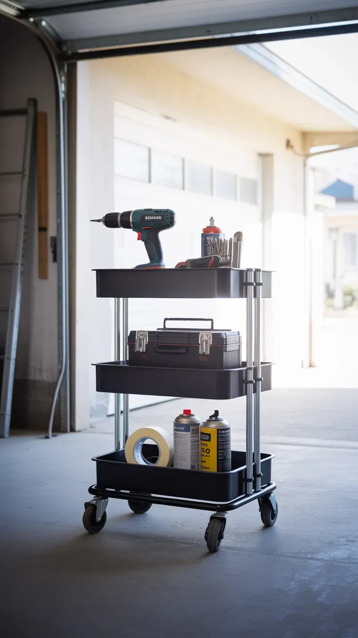 Rolling multi-tier utility cart station for garage tool storage