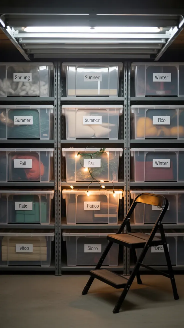Labeled seasonal decor rotation shelving system in garage storage