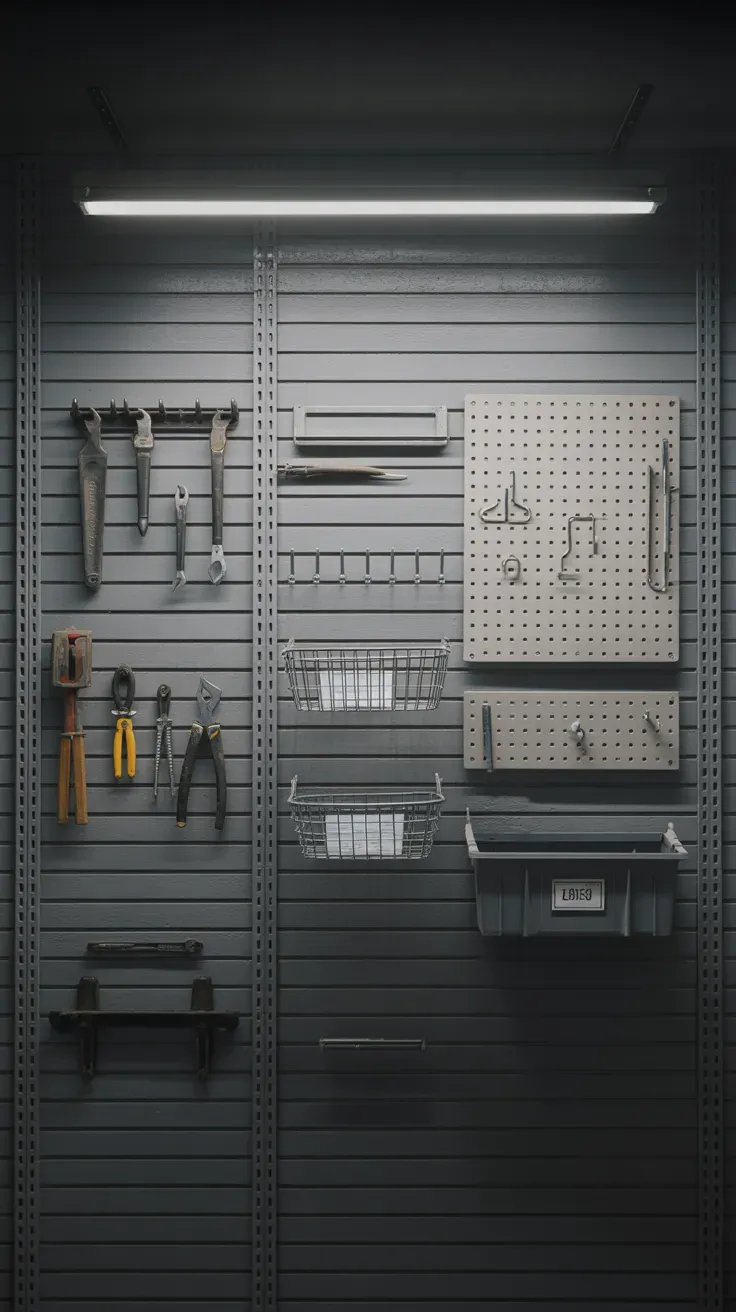 Garage wall with slatwall pegboard combo holding hand tools and hooks