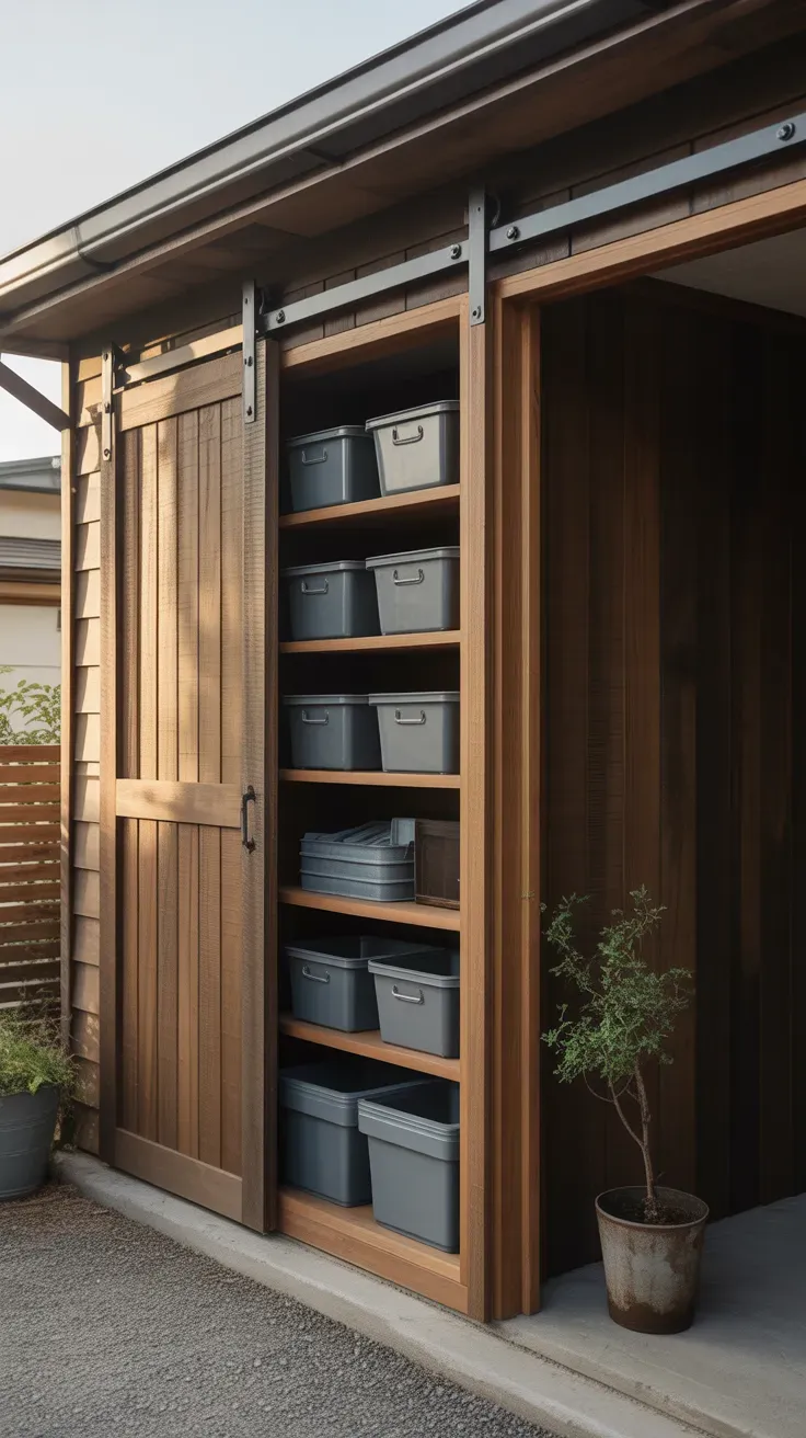 Garage shelving unit with sliding barn door panel concealing storage