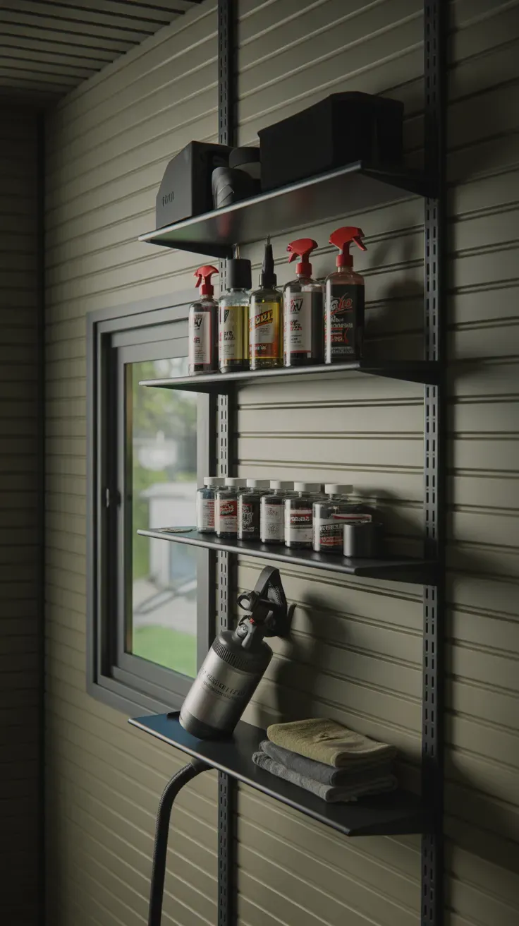 Slim wall-mounted shelf strips maximizing storage in small garage
