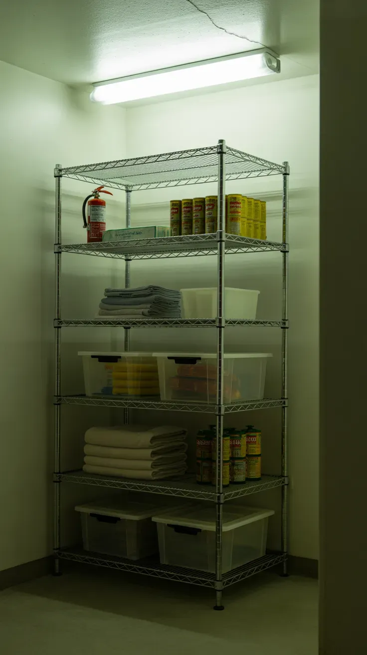 Stackable chrome wire shelving tower storing bins in garage corner