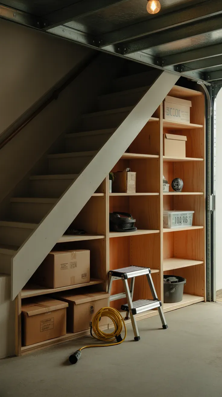 Custom shelving built into under-stair space in garage for storage
