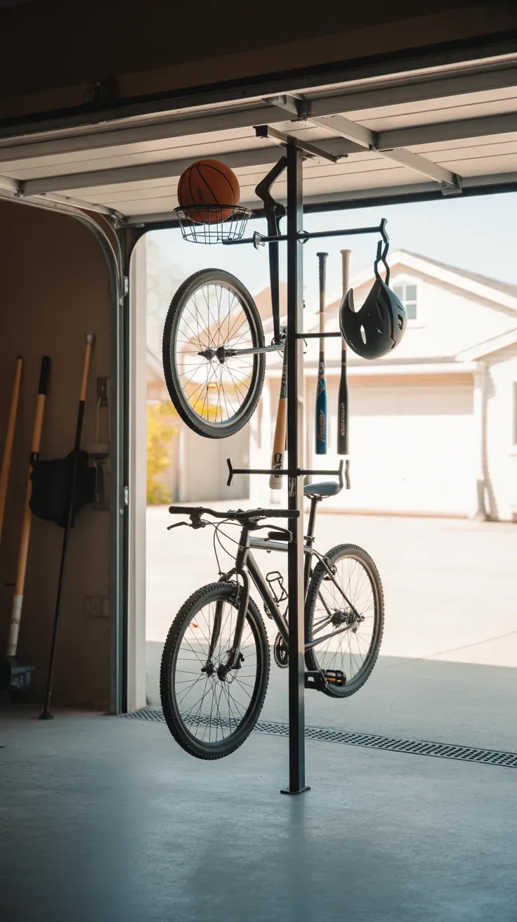 Vertical wall rack storing sports equipment like bikes and balls in garage