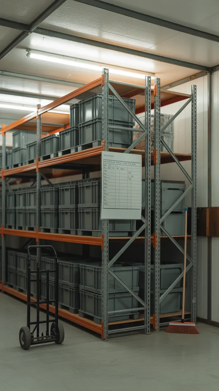 Open-frame steel warehouse racking unit storing bins in large garage
