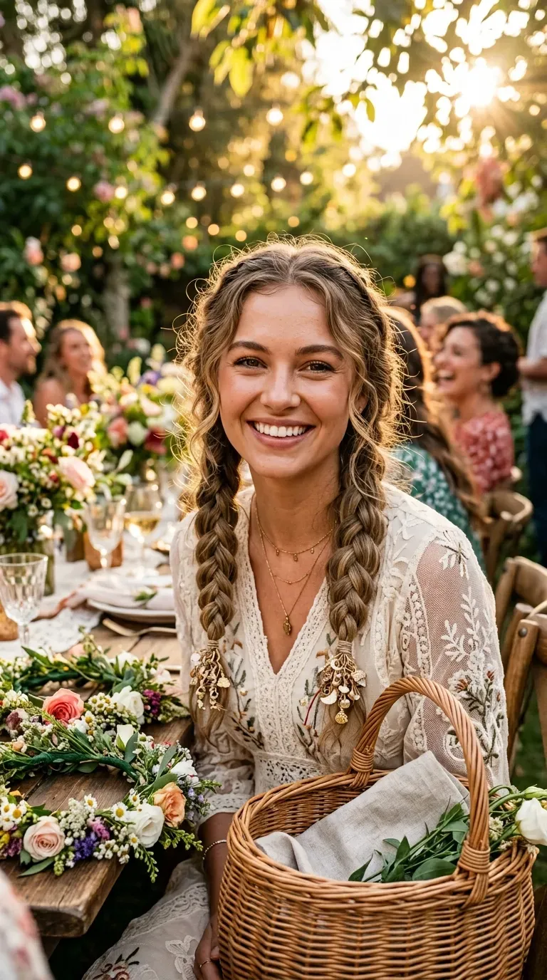 Woman with fine hair wearing double braided pigtails styled for a boho party look