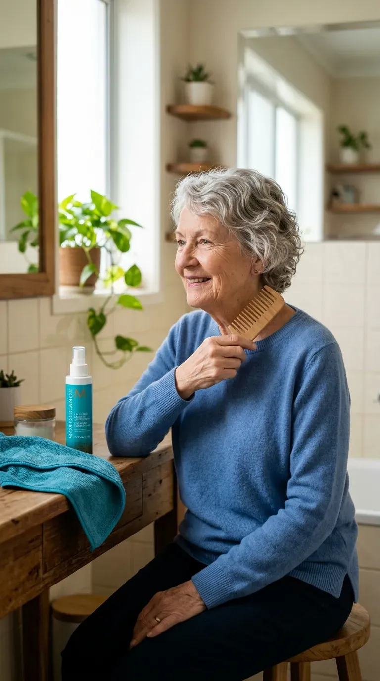 Elderly woman with a wavy crop styled naturally right after washing